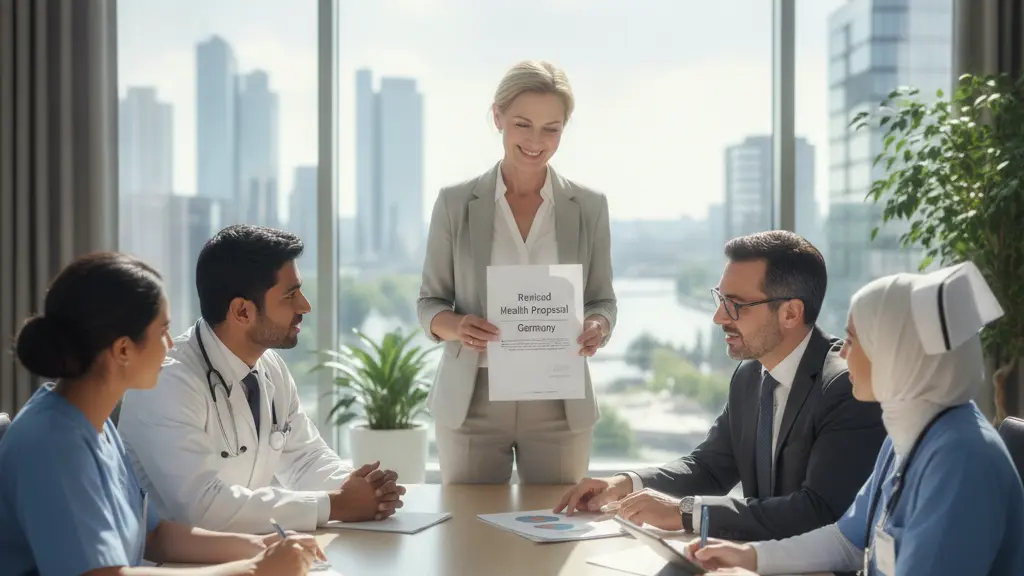 Minister Warken presenting a revised health proposal with a diverse group of healthcare professionals in a modern German healthcare setting, showcasing teamwork and positivity.
