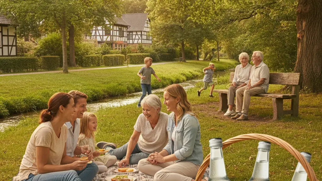 A serene park scene in Nordrhein-Westfalen, featuring a diverse group of people happily enjoying a picnic while an open picnic basket holds bottles of Raffelberger water, symbolizing community trust amid a recent water recall.