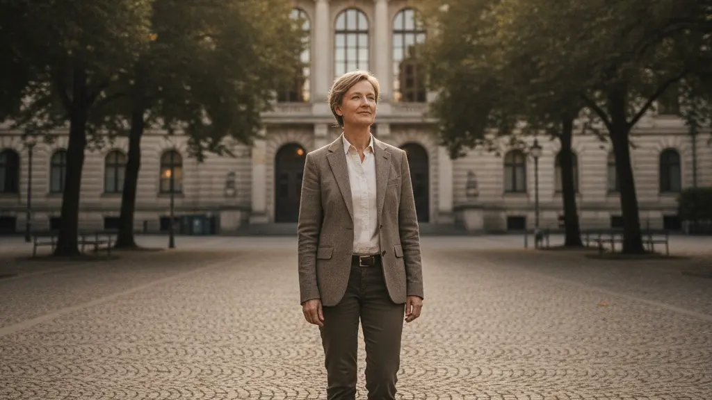 An ultra-realistic, cinematic photograph of a person of mature age standing peacefully in a sunlit, clean German city square, with a grand, neo-classical public building and Linden trees in the softly blurred background. The person's serene expression and the warm, golden light convey hope and the restoration of dignity, symbolizing Germany's legal reforms for wrongful convictions. No text.
