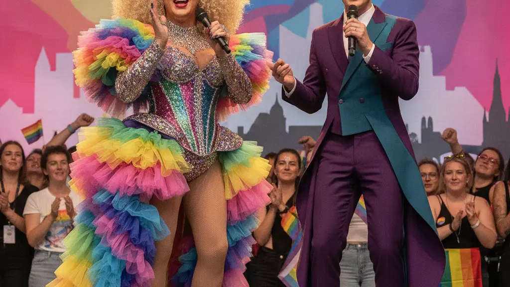Drag Queen Kelly Heelton and Trans Artist Luca Pfeiffer performing on stage at Frankfurt Pride 2026, celebrating diversity and visibility in front of an enthusiastic audience, with festive decorations and Frankfurt landmarks subtly in the background.