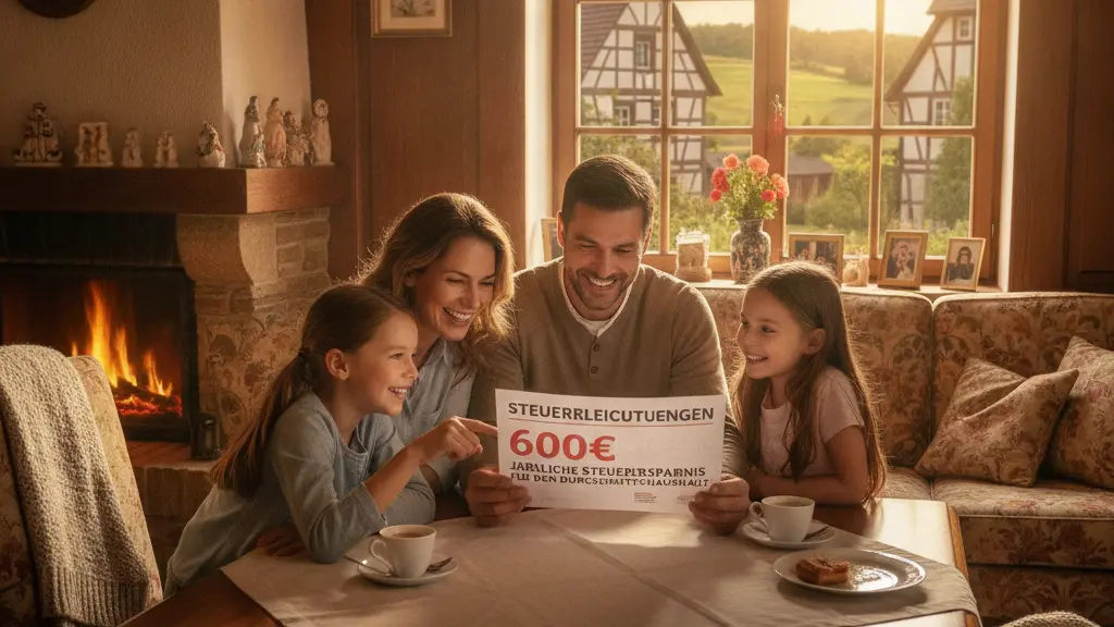A joyful family gathered around a dining table discussing tax relief benefits in a cozy German living room, with expressions of happiness and hope.