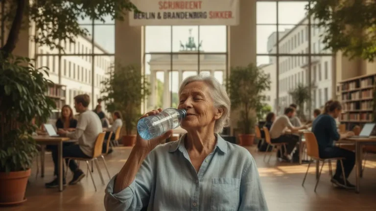 An elderly person sitting comfortably in a shaded library amid an extreme heatwave in Berlin, drinking water and wearing light clothing, with recognizable local architecture in the background, symbolizing community care and protection for vulnerable groups.