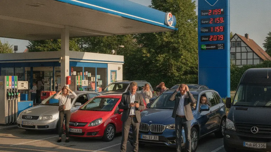 A diverse group of drivers at a gas station in Germany, expressing frustration over rising fuel prices after the end of tax relief, with visible price displays and recognizable gas station architecture.