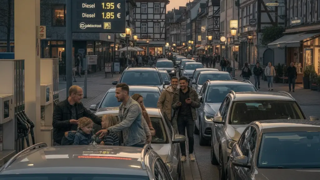 A bustling fuel station in Germany during a busy evening, showing a diverse group of people filling their cars with fuel. The scene captures expressions of urgency as they queue, with a prominently displayed fuel price showing rising costs. The background suggests a lively city street, integrating recognizable German architectural features.