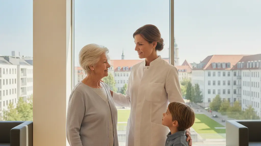 An ultra-realistic, photorealistic image depicting a compassionate German female doctor in a pristine white lab coat, reassuring an elderly German woman with a gentle touch. A hopeful young German child stands nearby, looking up at the doctor. They are in a modern, brightly lit German healthcare facility, with a clear window showcasing a clean, orderly German urban landscape in the background. The scene conveys trust, intergenerational care, and a positive outlook for a stable, sustainable healthcare system in Germany.