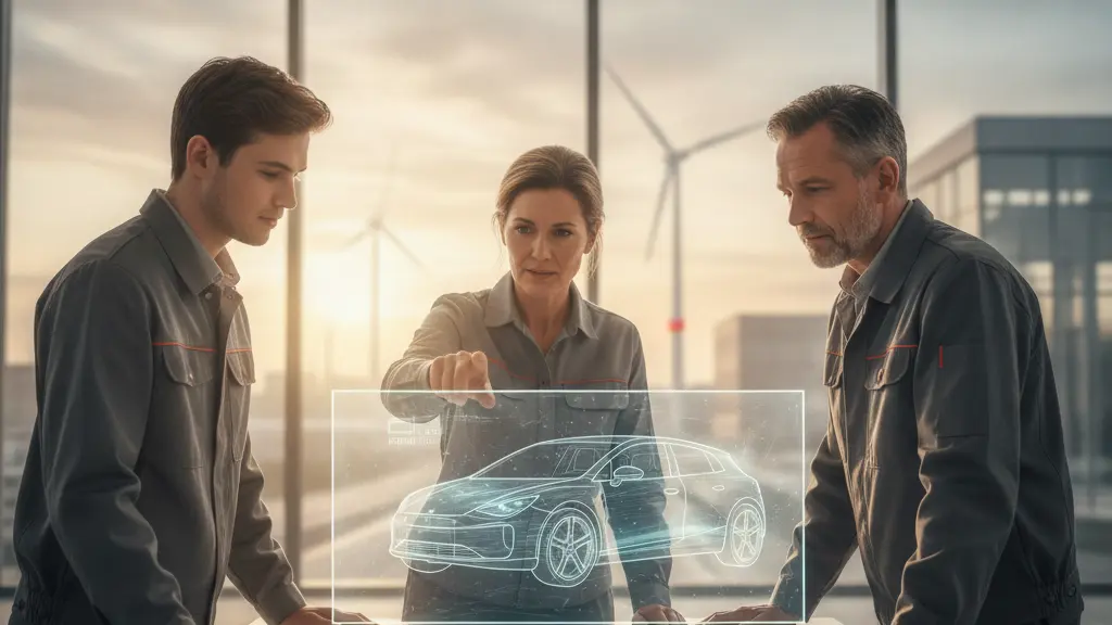 A diverse group of three German automotive professionals – a middle-aged female engineer, a younger male designer, and a seasoned male technician – stand collaboratively around a table in a modern German innovation lab. They are intently examining a holographic projection of a sustainable electric vehicle concept, their expressions conveying focus and optimism. Through large windows in the background, a blurred but recognizable German industrial landscape with wind turbines is visible at dawn, symbolizing new beginnings and technological advancement. The scene emphasizes teamwork, resilience, and forward-thinking in the automotive industry.