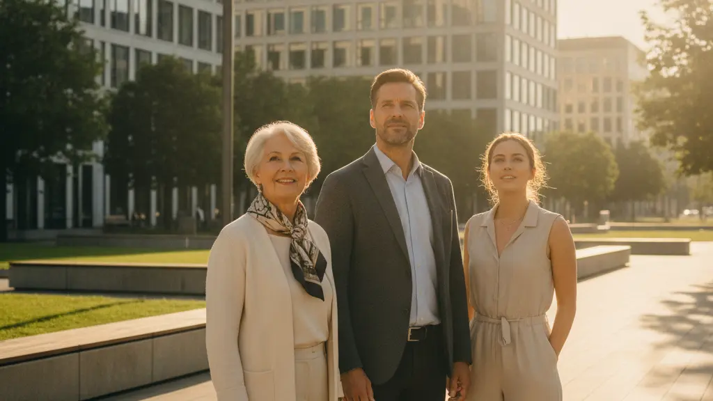 A photorealistic, brightly lit image depicting three diverse adult Germans – an elderly woman, a middle-aged man, and a young woman – standing together in a modern German city plaza during golden hour. They all look forward with expressions of optimism and confidence, symbolizing intergenerational unity and a shared vision for the future. In the background, contemporary German architecture blends seamlessly with green park spaces under a clear sky. The image conveys a positive outlook on Germany's future, economic stability, and social cohesion, with no text or distracting elements.