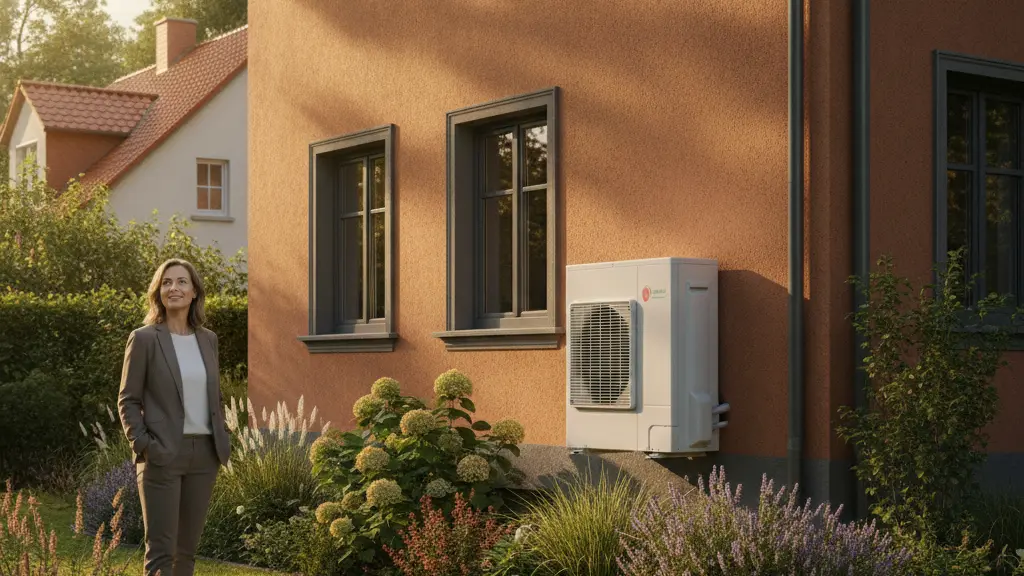 An ultra-realistic, eye-level cinematic photo shows a woman in her late 30s-early 40s with a confident, optimistic expression, standing in front of her meticulously maintained German home. A modern, white air-source heat pump is seamlessly installed on the warm terracotta-colored facade. The scene is bathed in golden hour sunlight, highlighting a lush garden and conveying a sense of economic security and a bright, sustainable future. No text or logos.