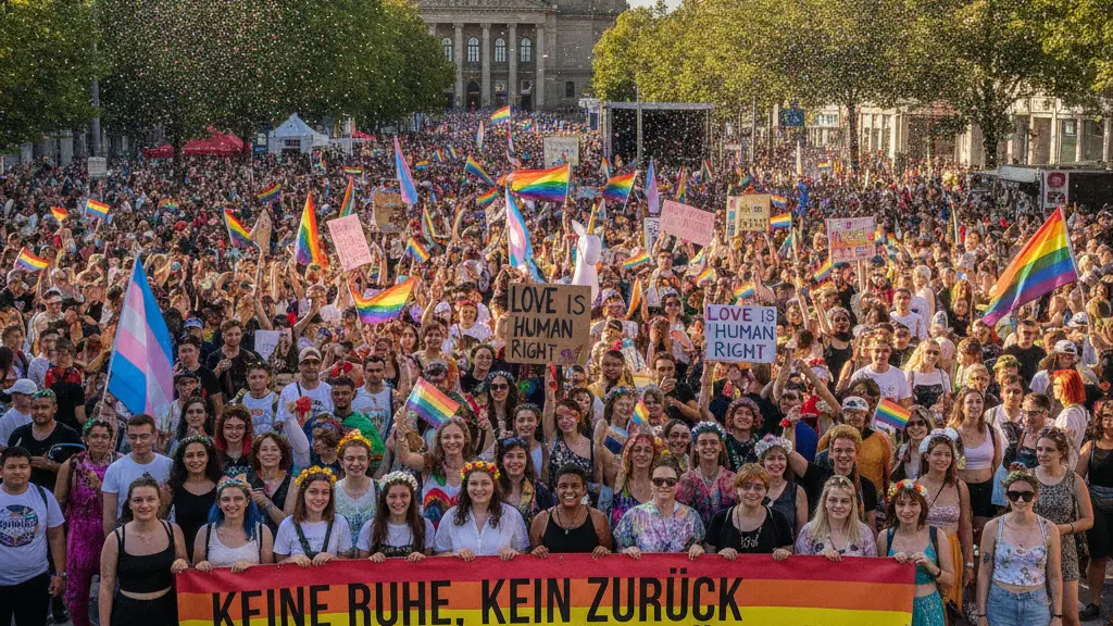 A vibrant scene from the Leipzig Pride Parade in 2026, showing a diverse group of LGBTQ+ individuals marching joyfully together with colorful flags and costumes, against a backdrop of recognizable Leipzig architecture, embodying celebration and activism.