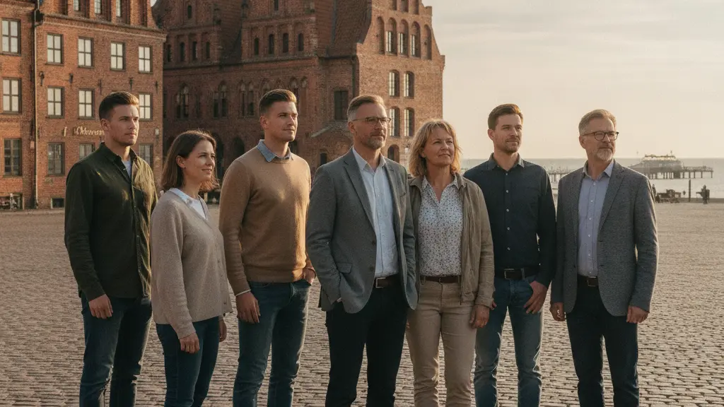 A photorealistic, high-resolution image featuring a diverse group of 6-7 people, standing unified on a cobblestone square in a historic Mecklenburg-Vorpommern town. They gaze towards a bright, distant horizon over the Baltic Sea. The background showcases traditional red-brick Hanseatic architecture and a church spire, all bathed in warm golden hour light. The image conveys hope and collective progress, with no text or political symbols.