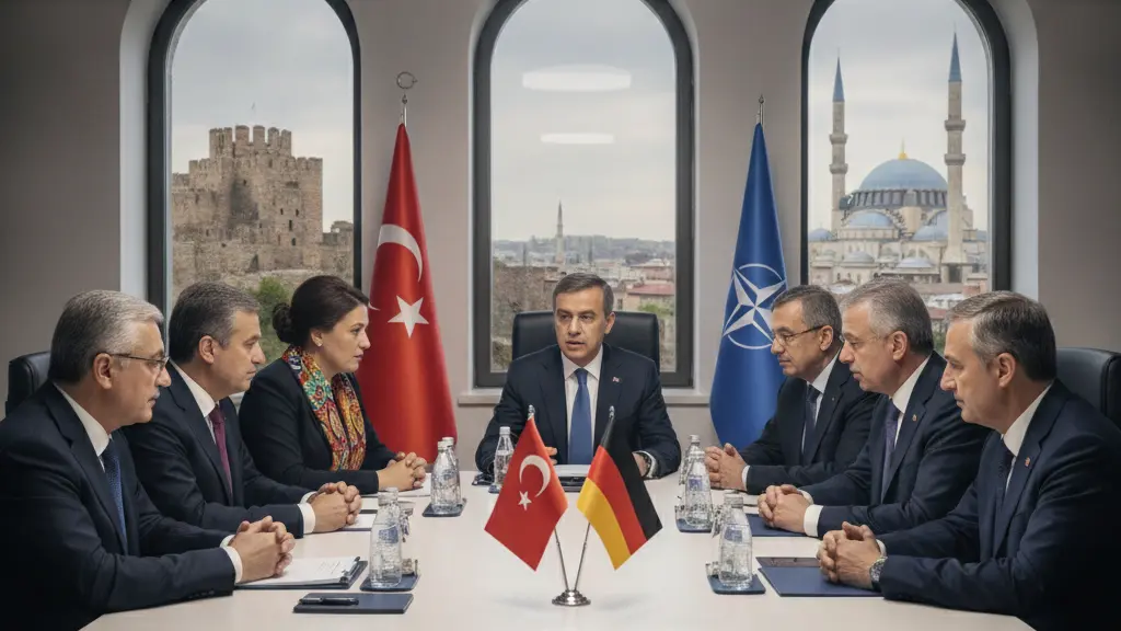 Diverse group of world leaders in formal attire engaged in serious discussion at a conference table with flags, set against the backdrop of Ankara's skyline including Ankara Castle.