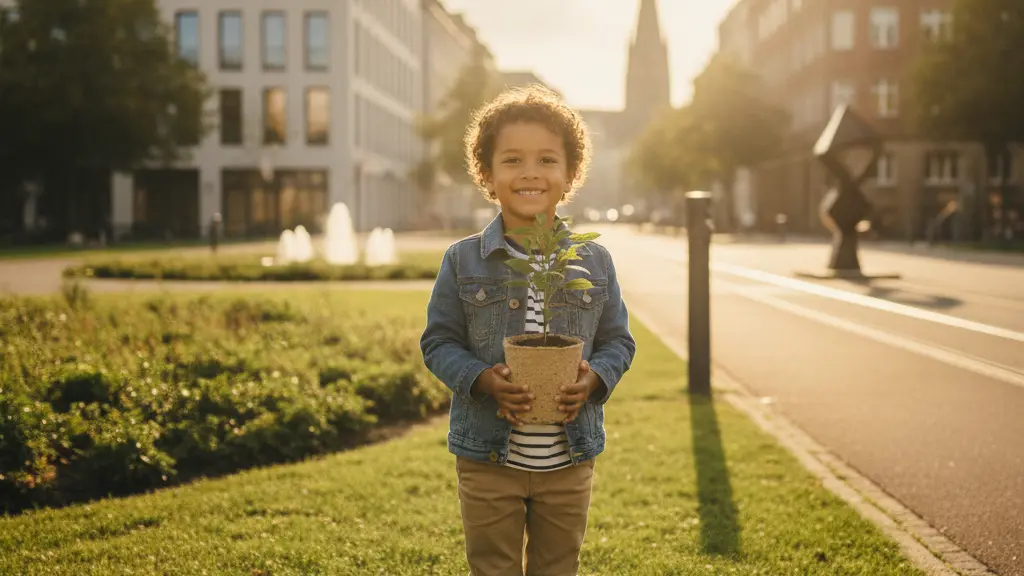 A radiant, diverse 7-year-old child stands in a sun-drenched German urban park, gently holding a small green sapling. The child smiles hopefully into the distance, symbolizing growth and a bright future. In the soft-focus background, clean, modern German architecture and manicured park greenery are visible, conveying a prosperous and supportive environment. The image is photorealistic, with warm golden-hour lighting.