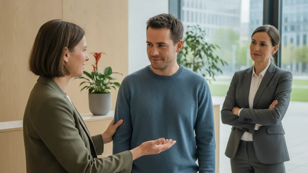 A photorealistic image shows a compassionate German female doctor gently engaging with a diverse employee, conveying trust and support, while a third professional observes approvingly. They are in a bright, modern German clinic lobby, with a softly blurred contemporary German cityscape visible outside. The scene highlights empathetic care and pragmatic solutions for well-being.