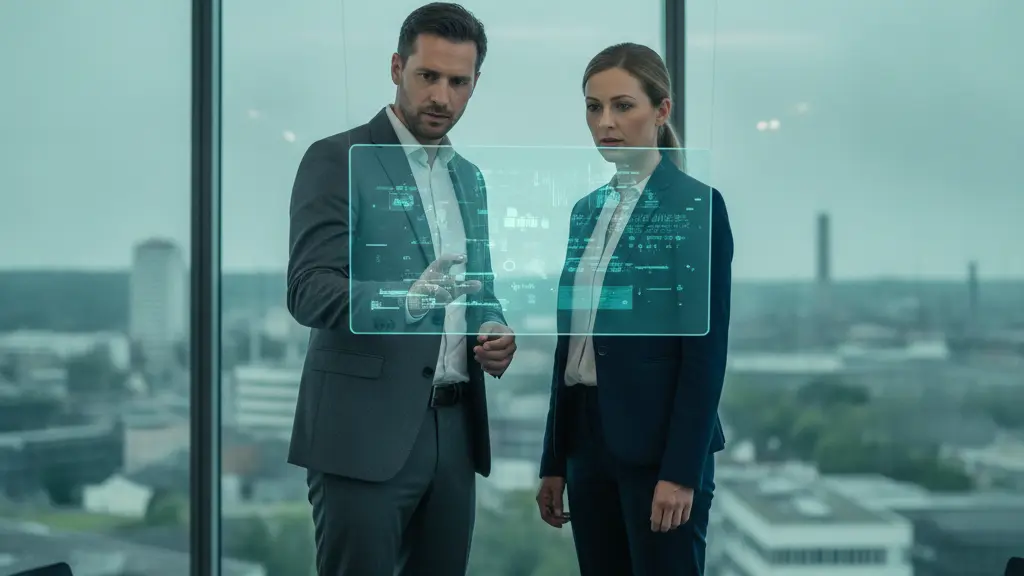 A photorealistic, cinematic image depicting a male German intelligence agent and a female police officer standing in a modern, professional government meeting room. They are intently focused on a glowing, translucent holographic display between them, which shows complex, abstract patterns of blue and green data, symbolizing effective information sharing. Through a large window in the background, a softly blurred cityscape of Solingen, Germany, is visible. The scene emphasizes inter-agency collaboration, vigilance, and enhanced public safety, devoid of any text or graphical overlays.