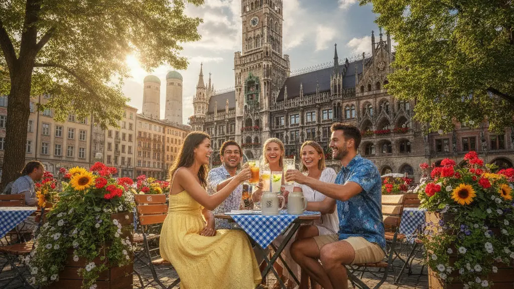 A diverse group of people enjoying a sunny day at an outdoor café in Munich, Germany, with the town hall in the background, reflecting happiness and warmth in the midst of an impending heatwave.