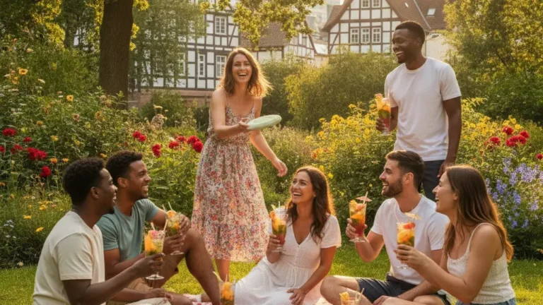 A diverse group of friends enjoying a sunny summer day in a German city park, featuring traditional architecture in the background, amidst vibrant greenery and warm sunlight.