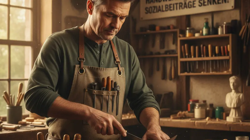 A skilled artisan carving wood in a traditional German workshop, surrounded by handcrafted tools and warm natural light, symbolizing the importance of craftsmanship and the call for lower social contributions post-pension reform.