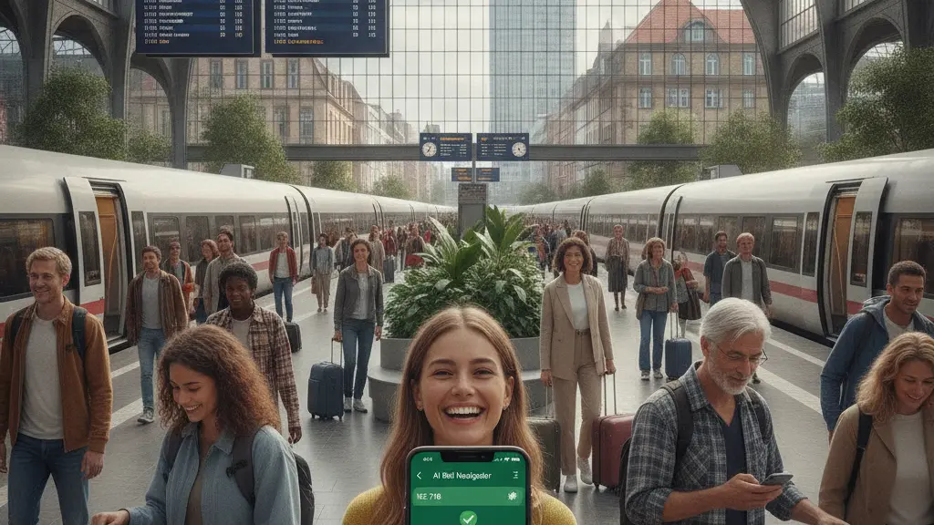 A modern German train station in 2026, featuring diverse passengers checking smartphones for real-time AI-powered train updates, with a focus on a joyful young woman among sleek architecture and bright surroundings.