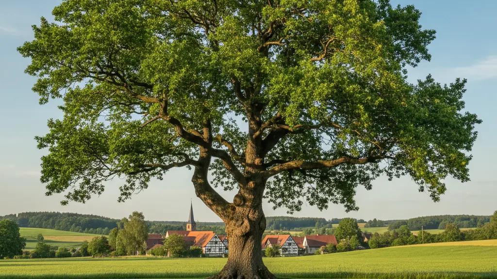 An ultra-realistic, photorealistic image of a majestic ancient oak tree with vibrant green leaves, centrally positioned in a sun-drenched, rolling German countryside. In the mid-distance, traditional half-timbered houses and a subtle church spire are nestled among lush meadows under a clear blue sky. Golden hour lighting creates a warm, serene atmosphere, symbolizing resilience and enduring natural beauty. No text.