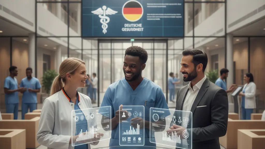 A diverse group of healthcare professionals in a modern hospital discussing healthcare reform, embodying collaboration and positivity in a German medical setting.