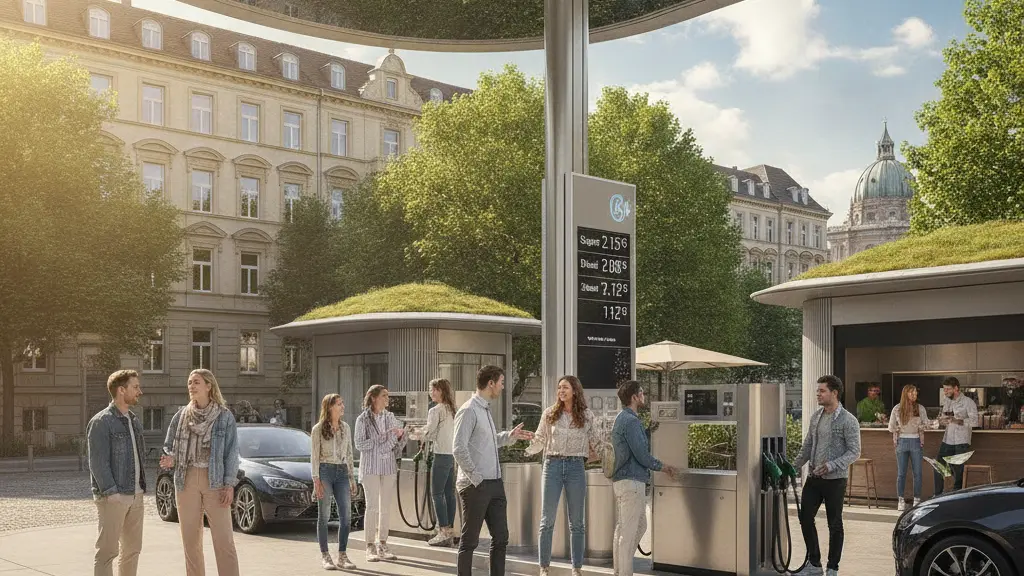 A vibrant gas station scene in a European city, depicting a diverse group of people interacting positively amidst rising fuel prices. Gas pumps are shown with a price board reflecting the current costs, while modern architecture and lush greenery create an uplifting atmosphere.