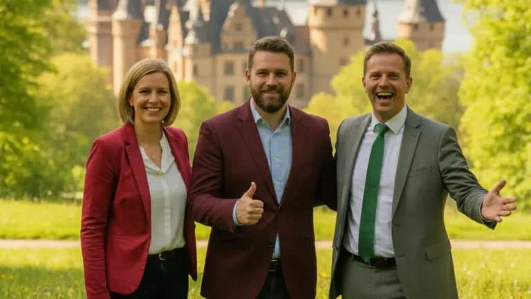 A diverse trio of political leaders from the SPD, Left Party, and Green Party standing united in a lush park, smiling confidently. The background features Schwerin's State Castle and greenery, symbolizing a hopeful political alliance in Mecklenburg-Vorpommern.