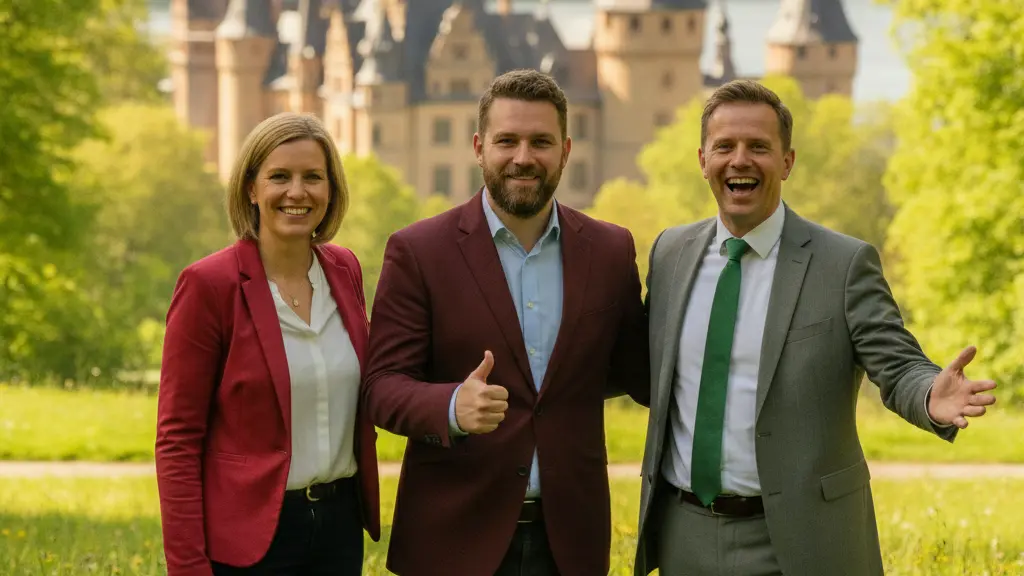 A diverse trio of political leaders from the SPD, Left Party, and Green Party standing united in a lush park, smiling confidently. The background features Schwerin's State Castle and greenery, symbolizing a hopeful political alliance in Mecklenburg-Vorpommern.